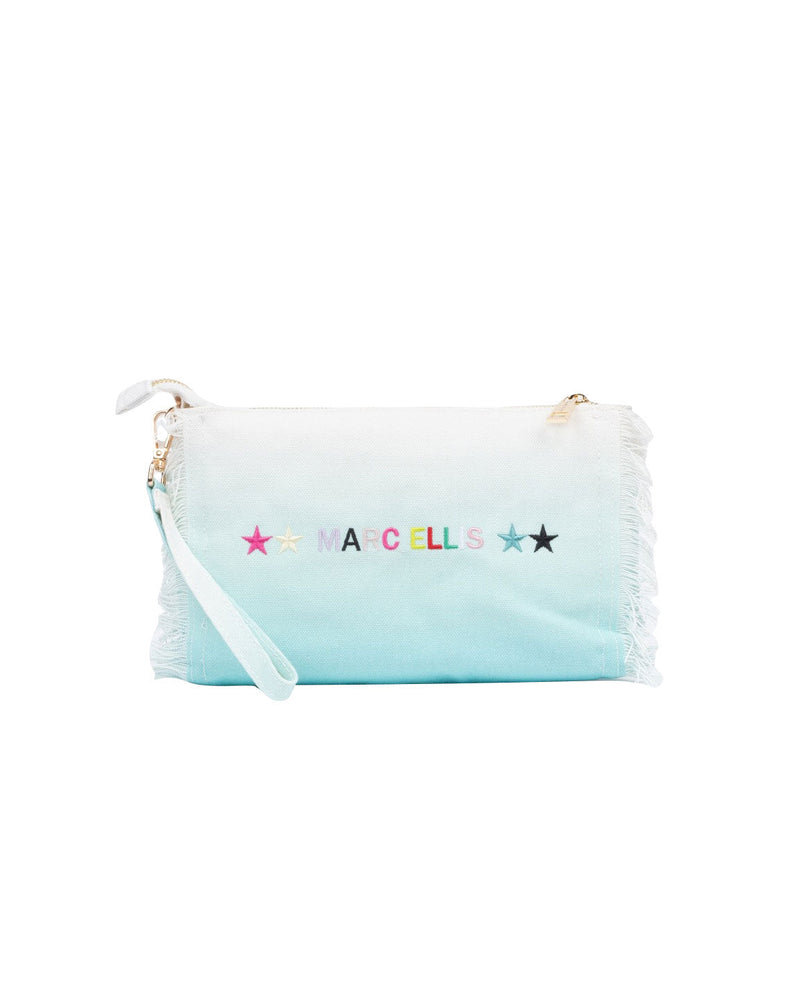 POCHETTE SFUMATA BIANCA E AZZURRA CON FRANGIA