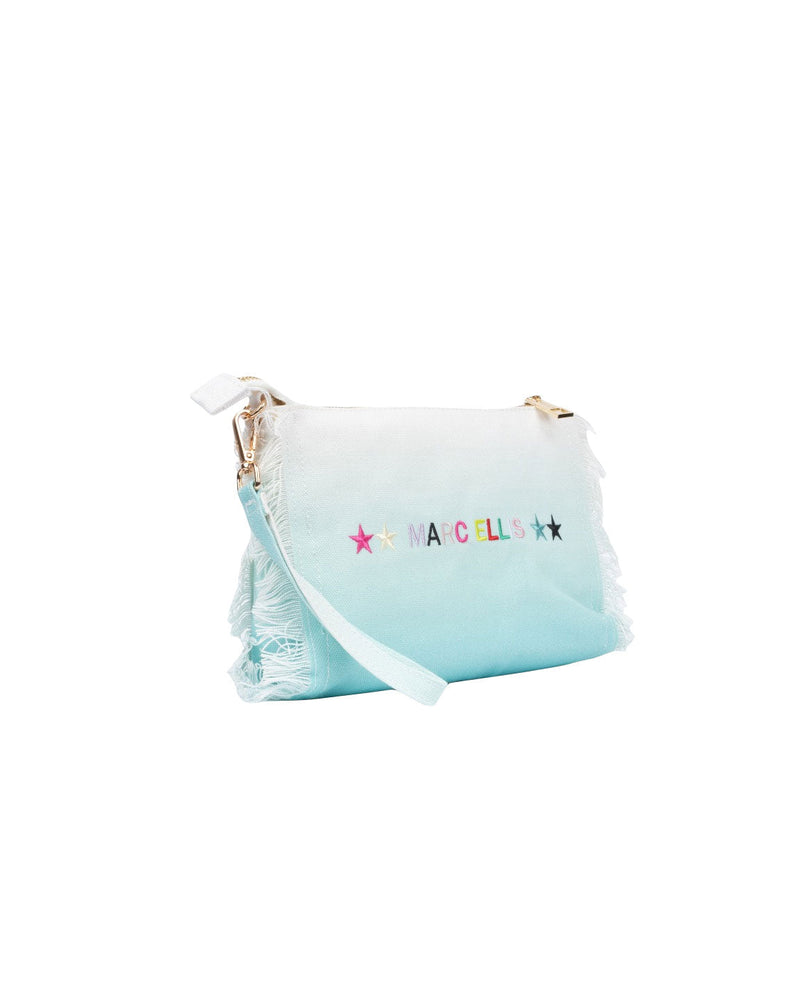 POCHETTE SFUMATA BIANCA E AZZURRA CON FRANGIA