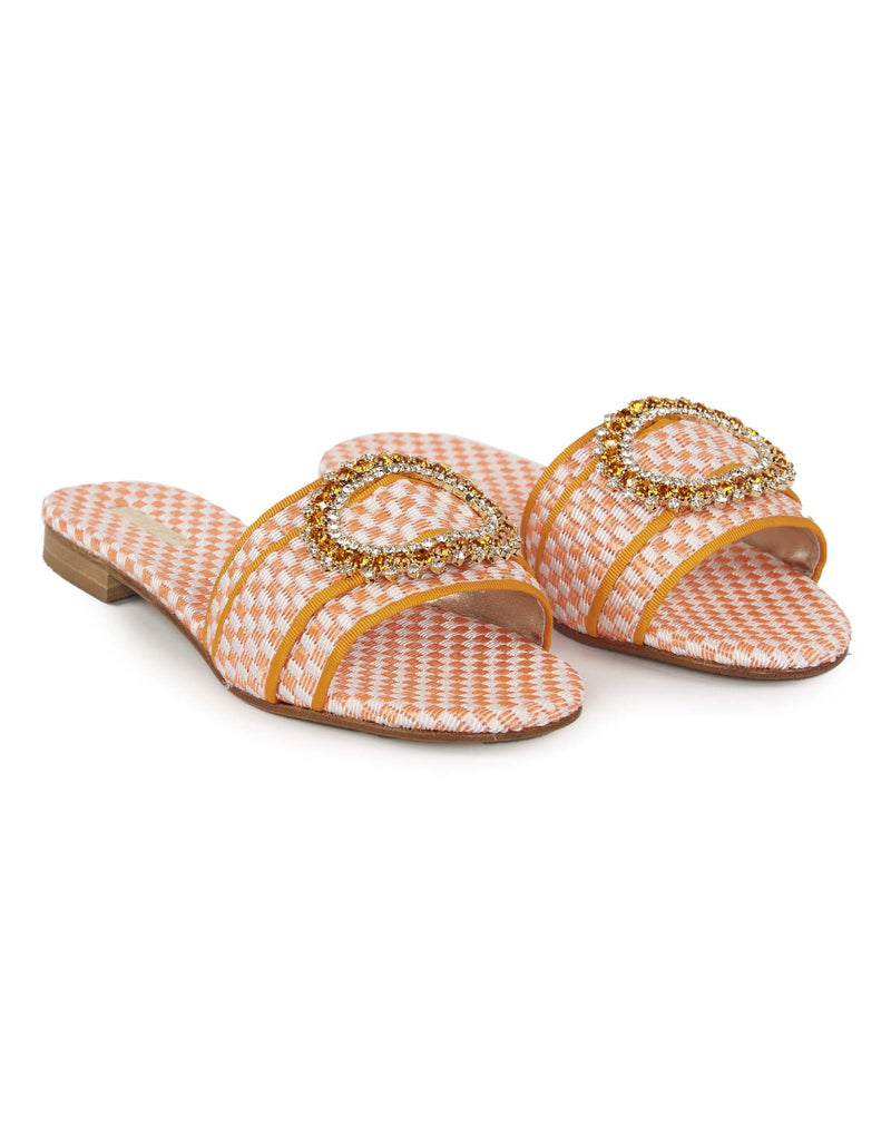 SANDALI FLAT SCALZATI BIANCHI E ARANCIO CON STRASS