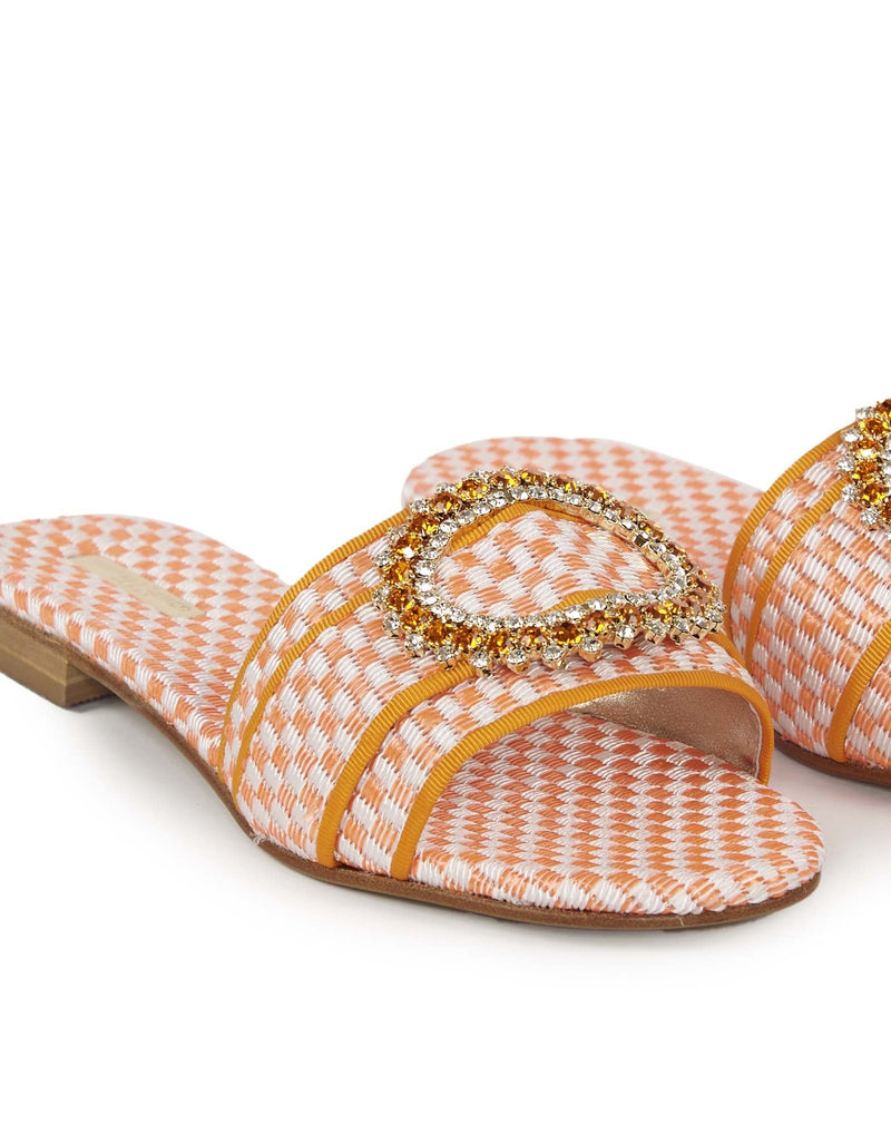 SANDALI FLAT SCALZATI BIANCHI E ARANCIO CON STRASS