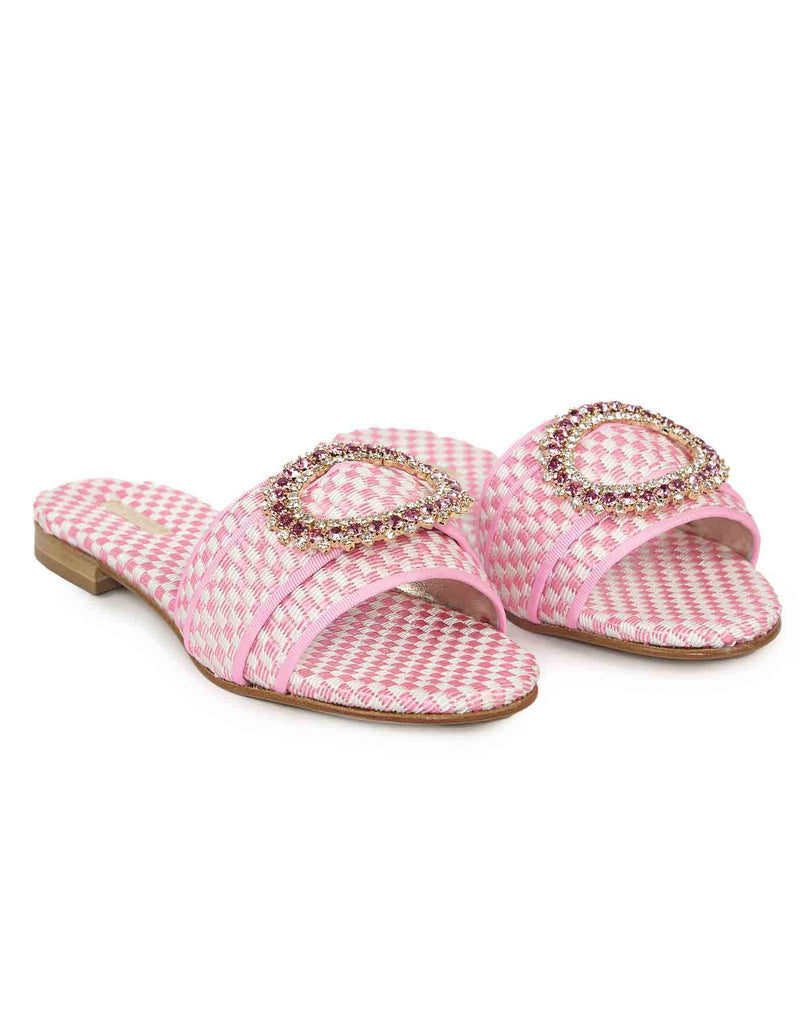 SANDALI FLAT SCALZATI BIANCHI E FUCSIA CON STRASS