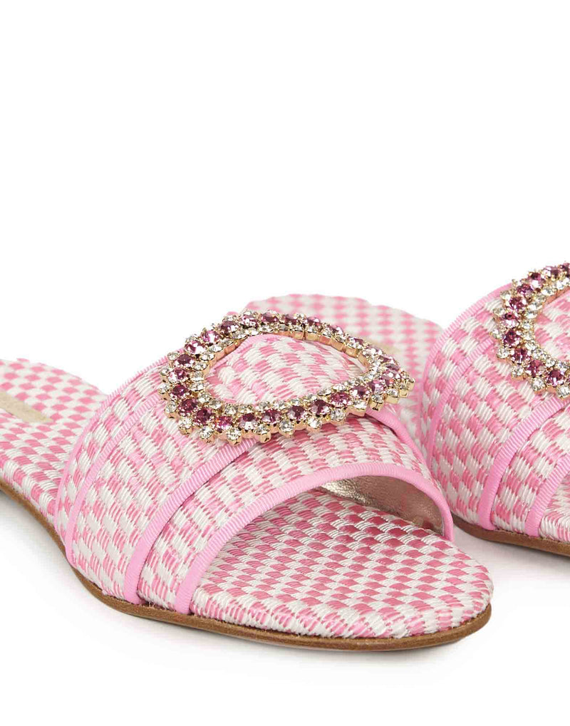 SANDALI FLAT SCALZATI BIANCHI E FUCSIA CON STRASS