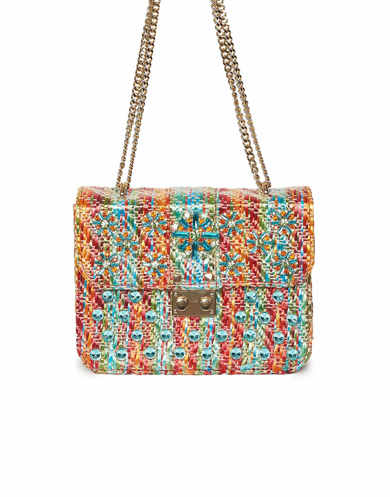 BORSA A TRACOLLA MULTICOLOR CON STRASS E BORCHIE