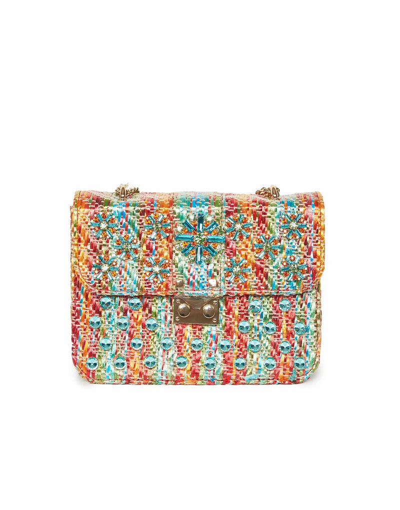 BORSA A TRACOLLA MULTICOLOR CON STRASS E BORCHIE