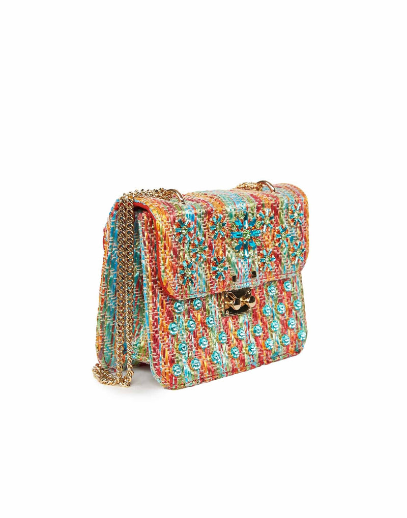 BORSA A TRACOLLA MULTICOLOR CON STRASS E BORCHIE