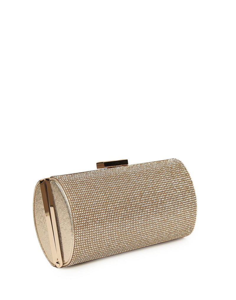 BORSA CLUTCH A CILINDRO ORO CON STRASS