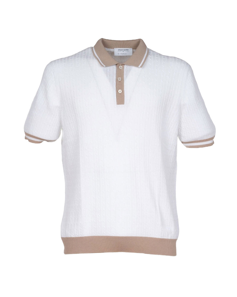 POLO IN MAGLIA DI COTONE A TRECCE BIANCO E BEIGE