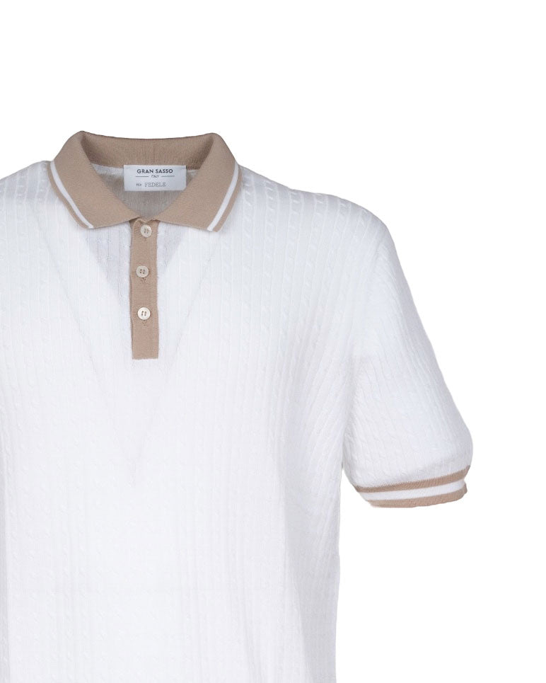 POLO IN MAGLIA DI COTONE A TRECCE BIANCO E BEIGE