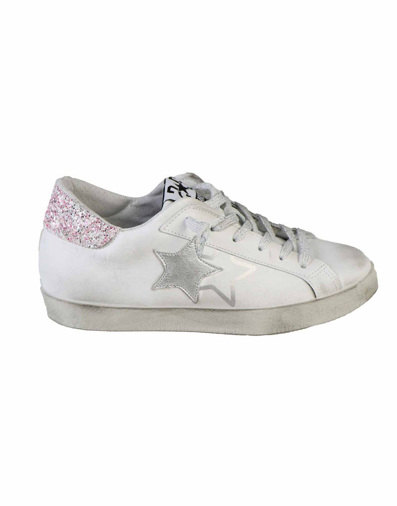 SNEAKERS IN VITELLO BIANCHE E GLITTERATE ROSA